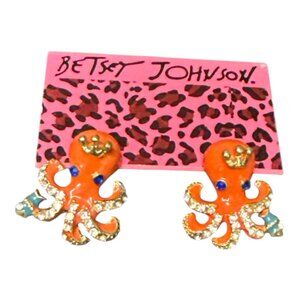 Betsey Johnson Octopus Stud Earrings – Orange Enamel & Rhinestone